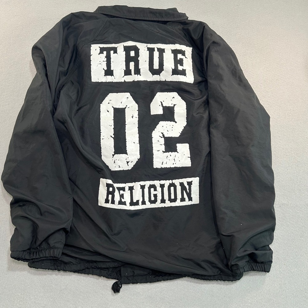 True Religion Coach Jacket Mens Large Black Graphic Print Snap Front Windbreaker